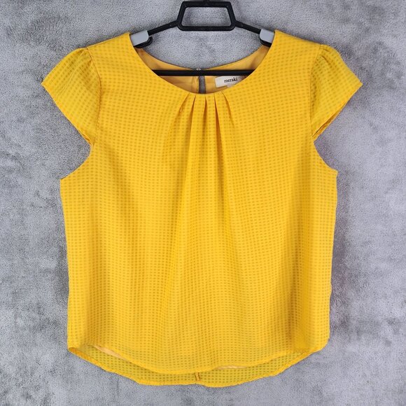 Women's Yellow Meraki Textured Blouse Top Short Sleeve Button Back Size L - Picture 2 of 11